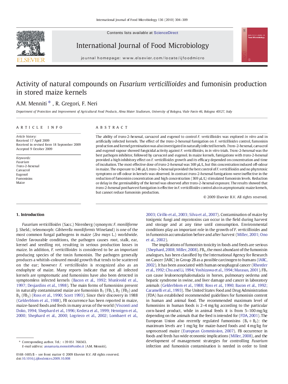 Activity of natural compounds on Fusarium verticillioides and fumonisin production in stored maize kernels