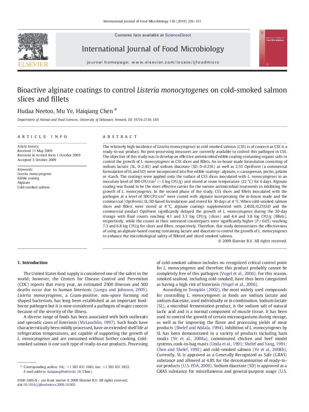 Bioactive alginate coatings to control Listeria monocytogenes on cold-smoked salmon slices and fillets