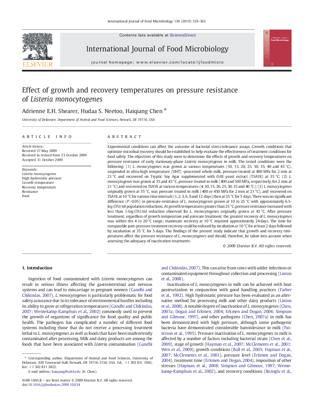 Effect of growth and recovery temperatures on pressure resistance of Listeria monocytogenes