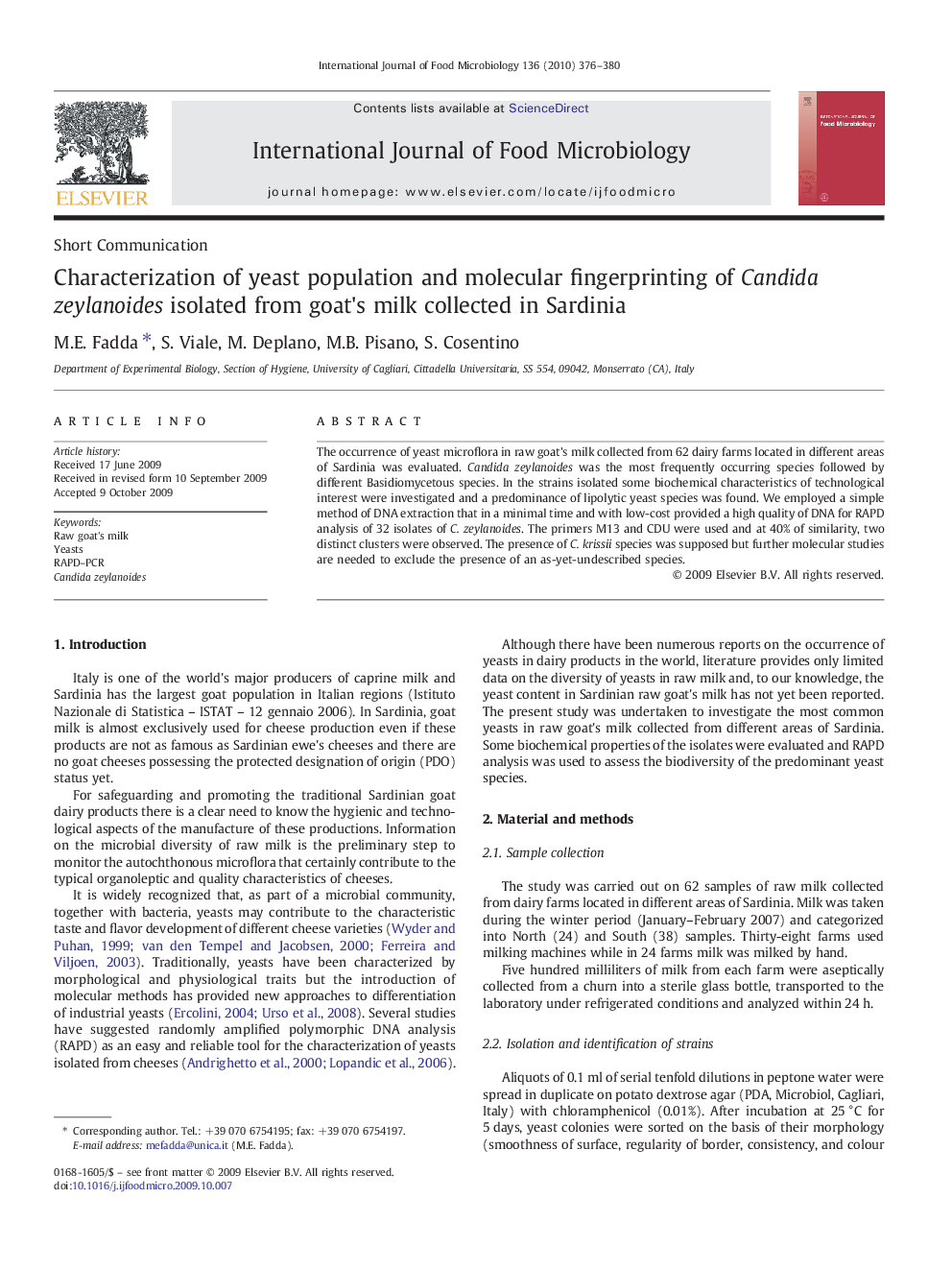 Characterization of yeast population and molecular fingerprinting of Candida zeylanoides isolated from goat's milk collected in Sardinia