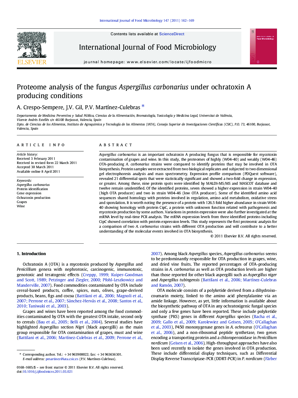 Proteome analysis of the fungus Aspergillus carbonarius under ochratoxin A producing conditions