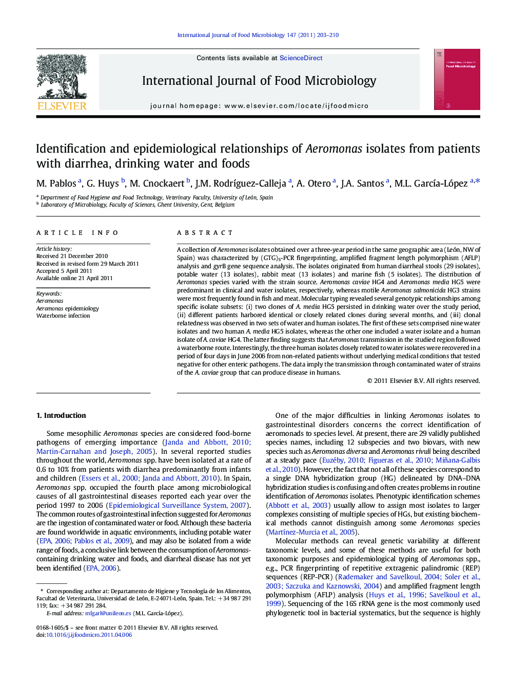 Identification and epidemiological relationships of Aeromonas isolates from patients with diarrhea, drinking water and foods