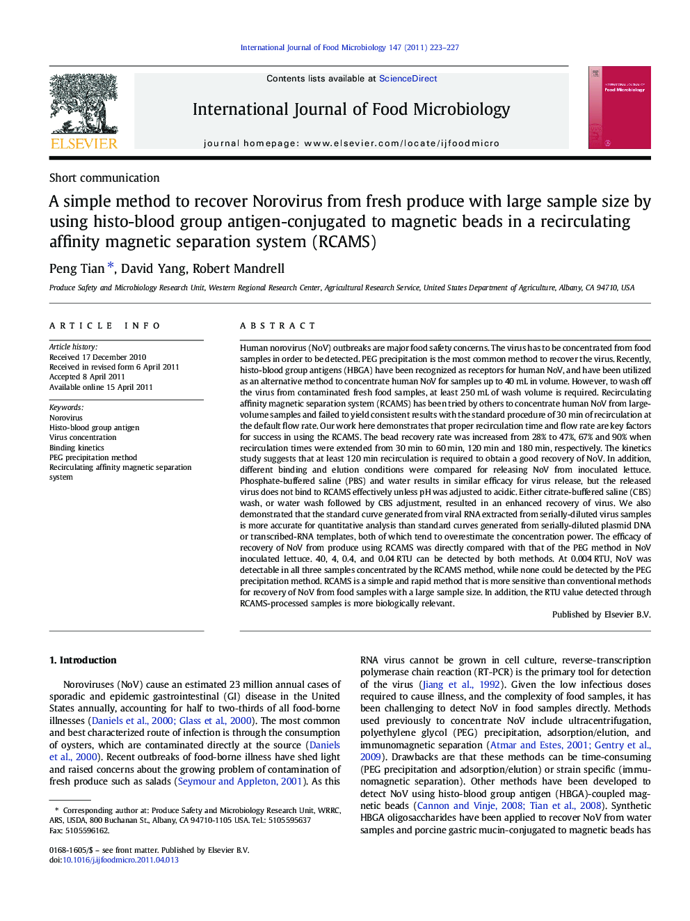 A simple method to recover Norovirus from fresh produce with large sample size by using histo-blood group antigen-conjugated to magnetic beads in a recirculating affinity magnetic separation system (RCAMS)