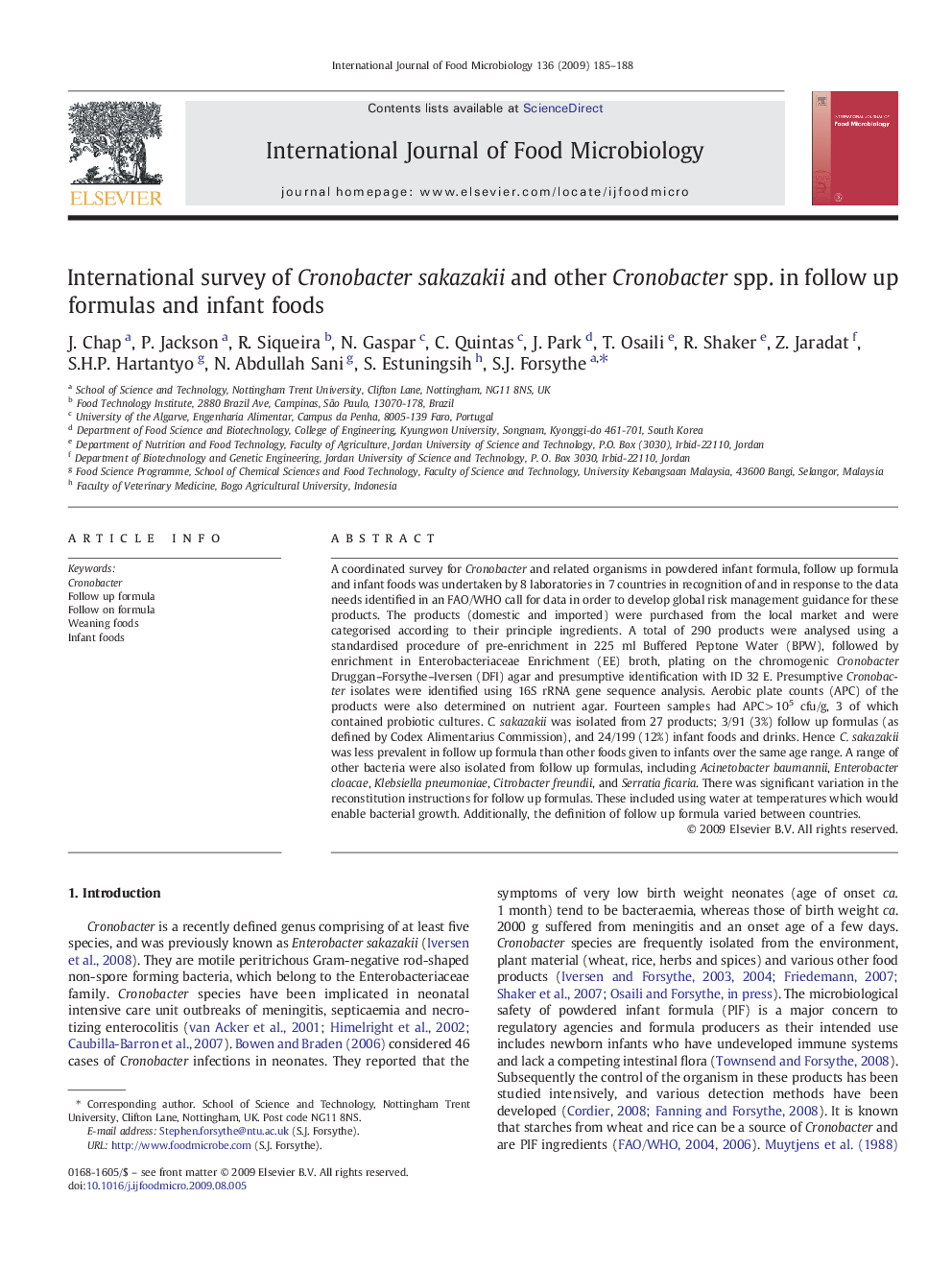 International survey of Cronobacter sakazakii and other Cronobacter spp. in follow up formulas and infant foods