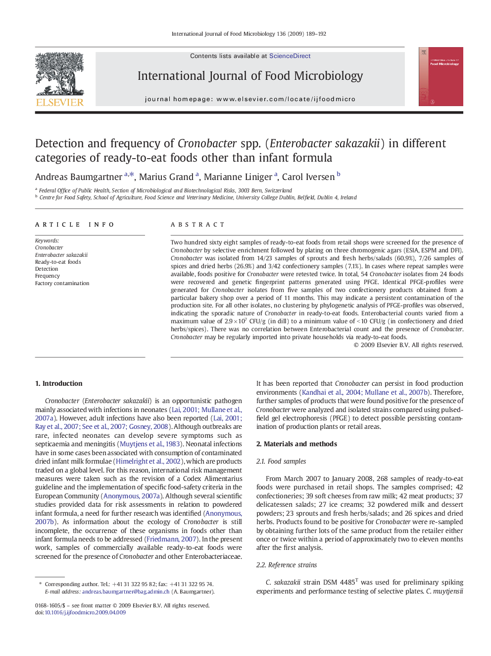 Detection and frequency of Cronobacter spp. (Enterobacter sakazakii) in different categories of ready-to-eat foods other than infant formula