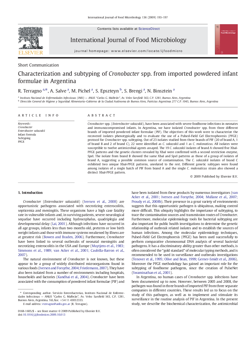 Characterization and subtyping of Cronobacter spp. from imported powdered infant formulae in Argentina