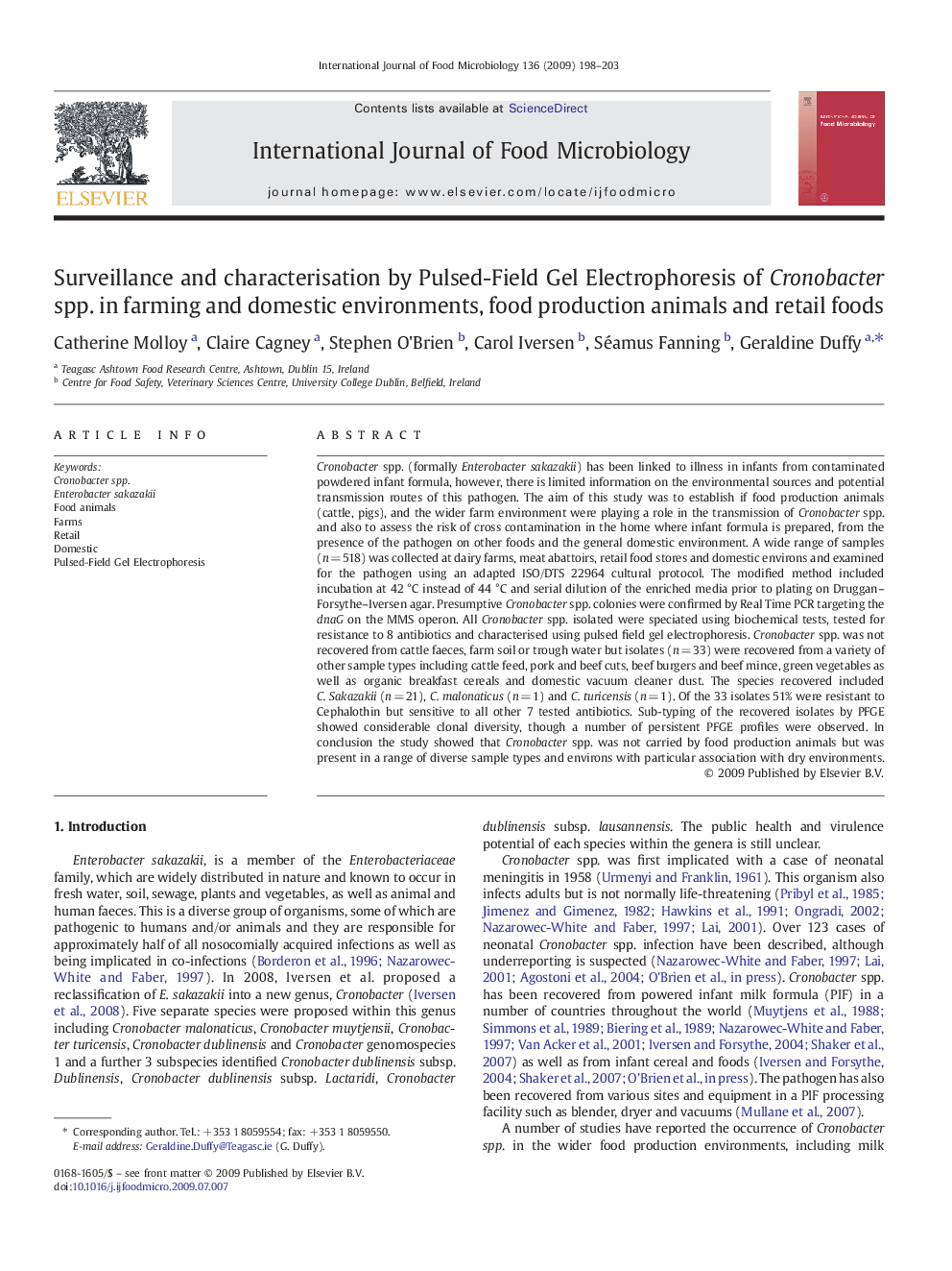 Surveillance and characterisation by Pulsed-Field Gel Electrophoresis of Cronobacter spp. in farming and domestic environments, food production animals and retail foods