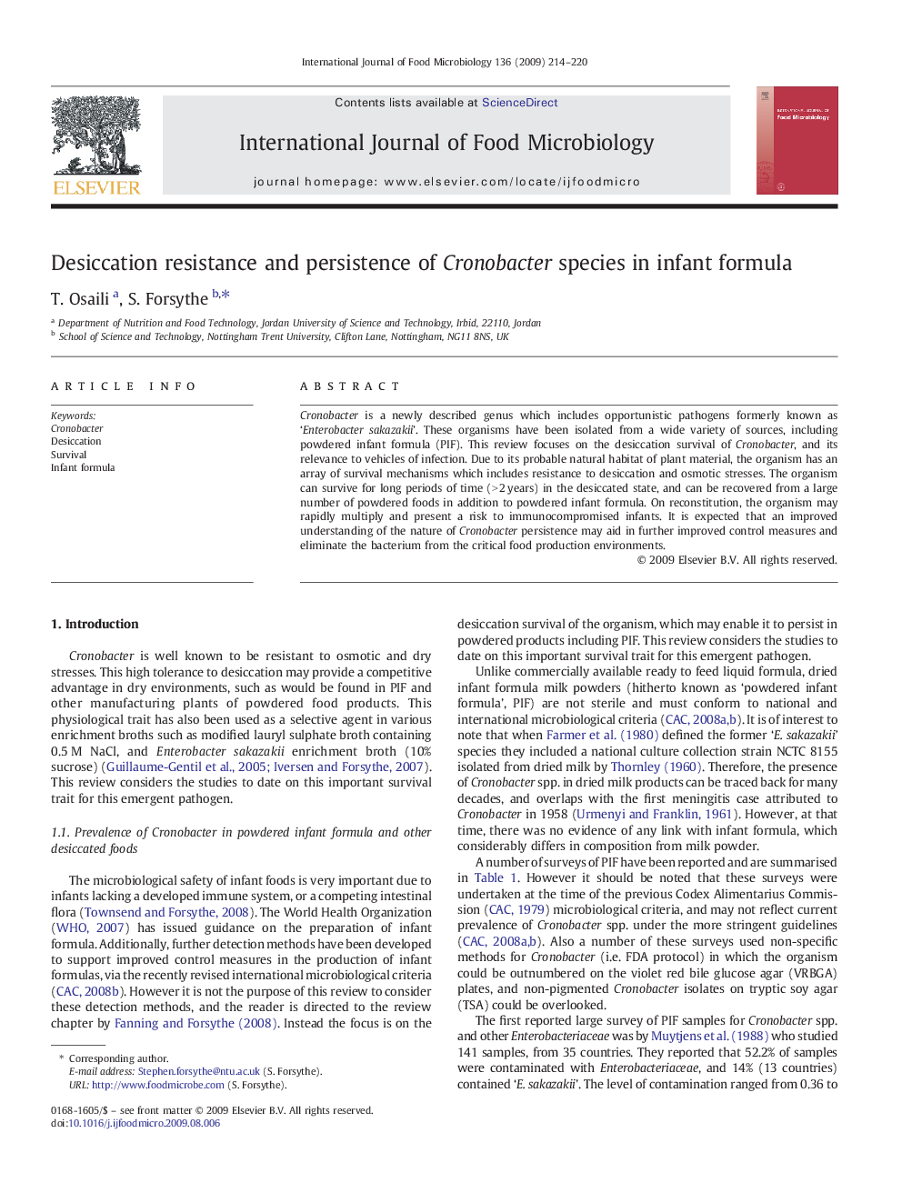 Desiccation resistance and persistence of Cronobacter species in infant formula