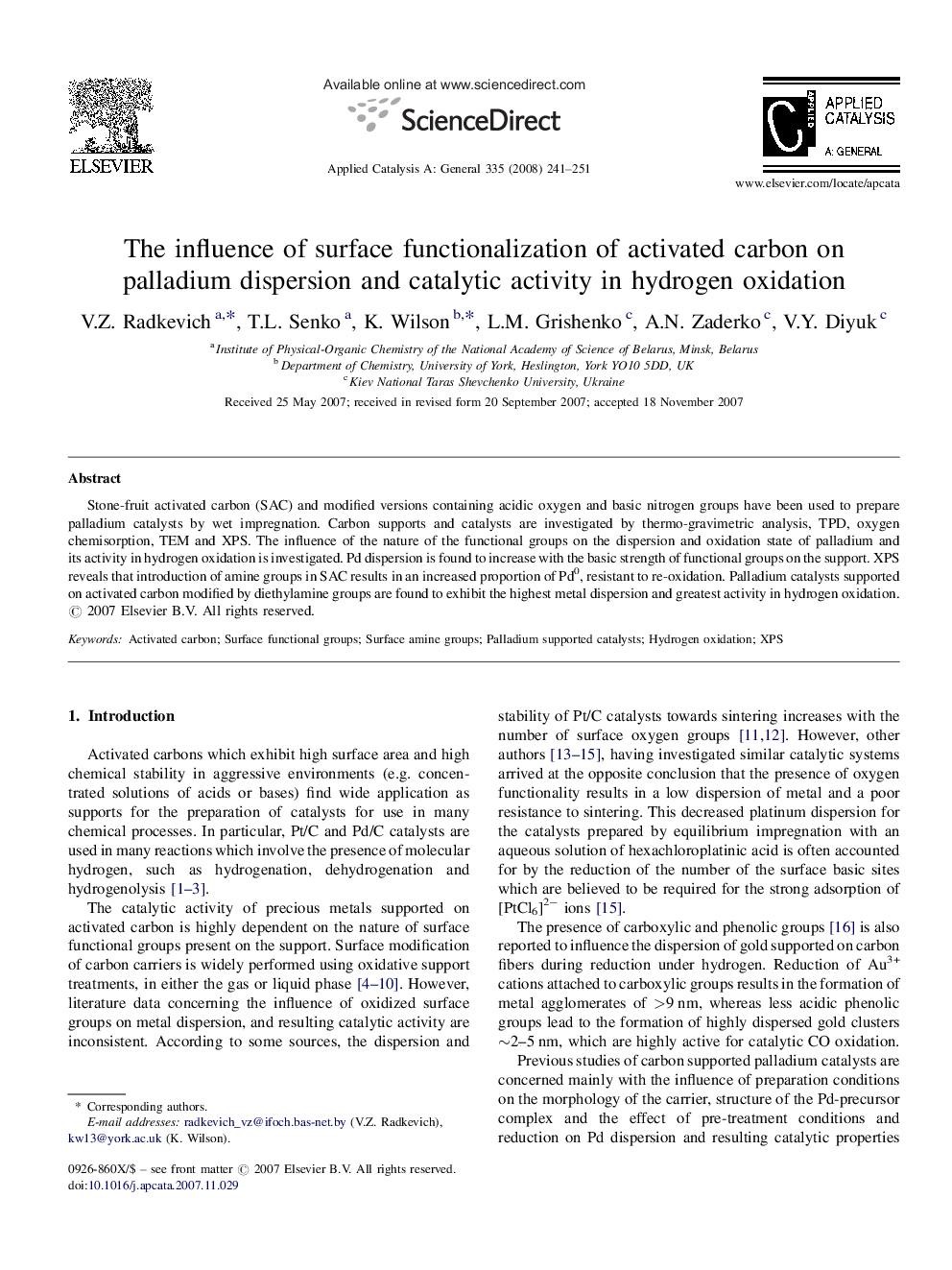 The influence of surface functionalization of activated carbon on palladium dispersion and catalytic activity in hydrogen oxidation