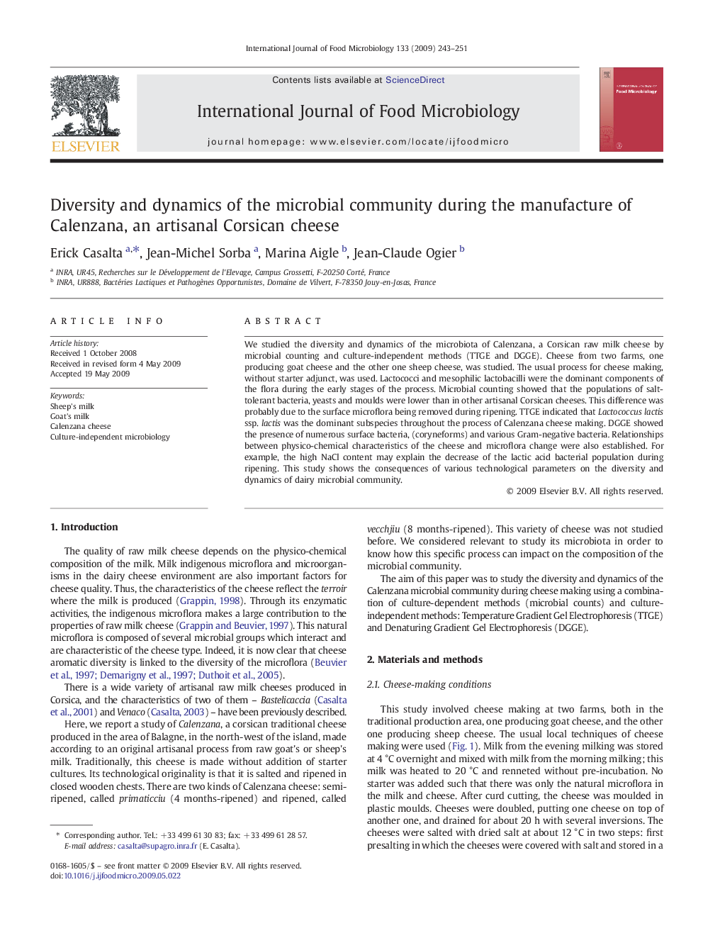 Diversity and dynamics of the microbial community during the manufacture of Calenzana, an artisanal Corsican cheese