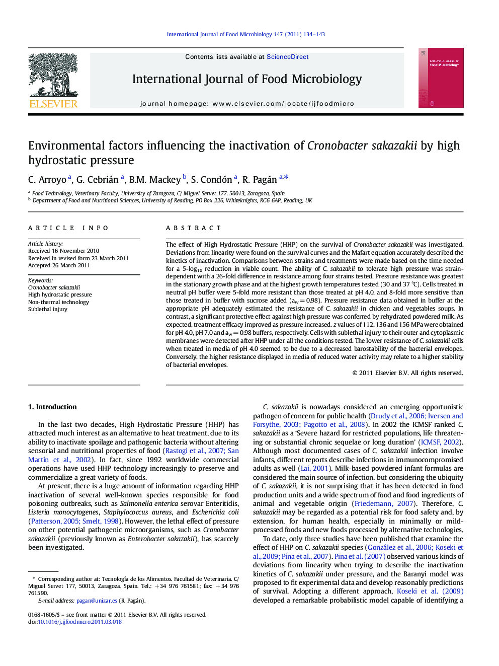 Environmental factors influencing the inactivation of Cronobacter sakazakii by high hydrostatic pressure