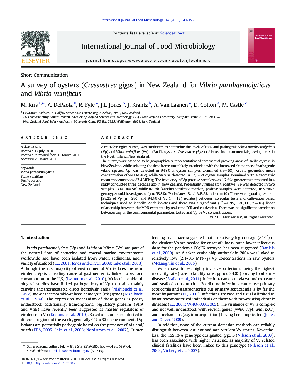 A survey of oysters (Crassostrea gigas) in New Zealand for Vibrio parahaemolyticus and Vibrio vulnificus