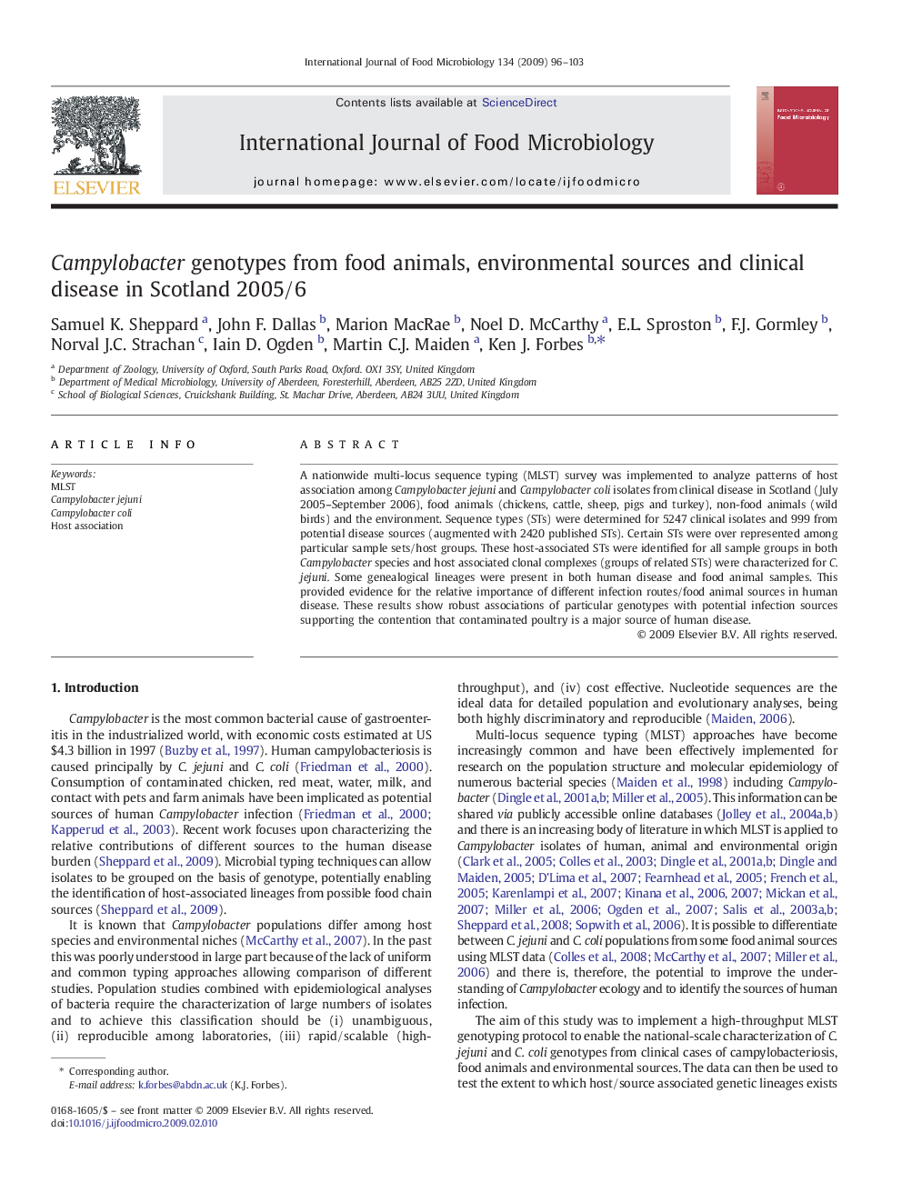 Campylobacter genotypes from food animals, environmental sources and clinical disease in Scotland 2005/6