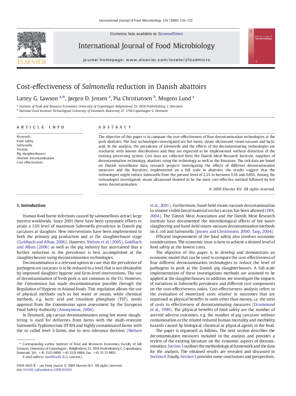 Cost-effectiveness of Salmonella reduction in Danish abattoirs