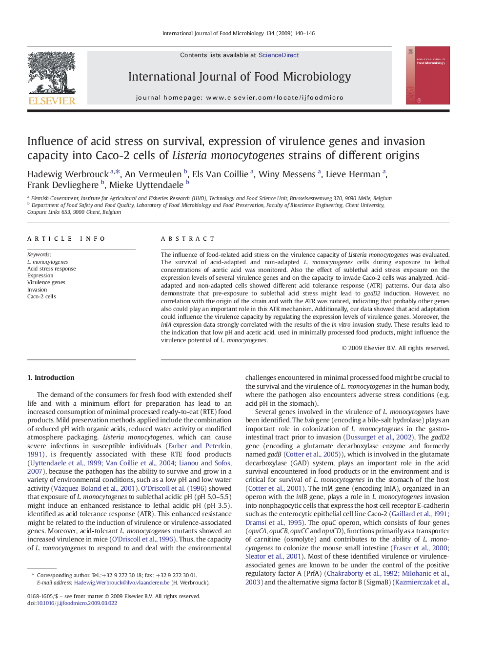 Influence of acid stress on survival, expression of virulence genes and invasion capacity into Caco-2 cells of Listeria monocytogenes strains of different origins