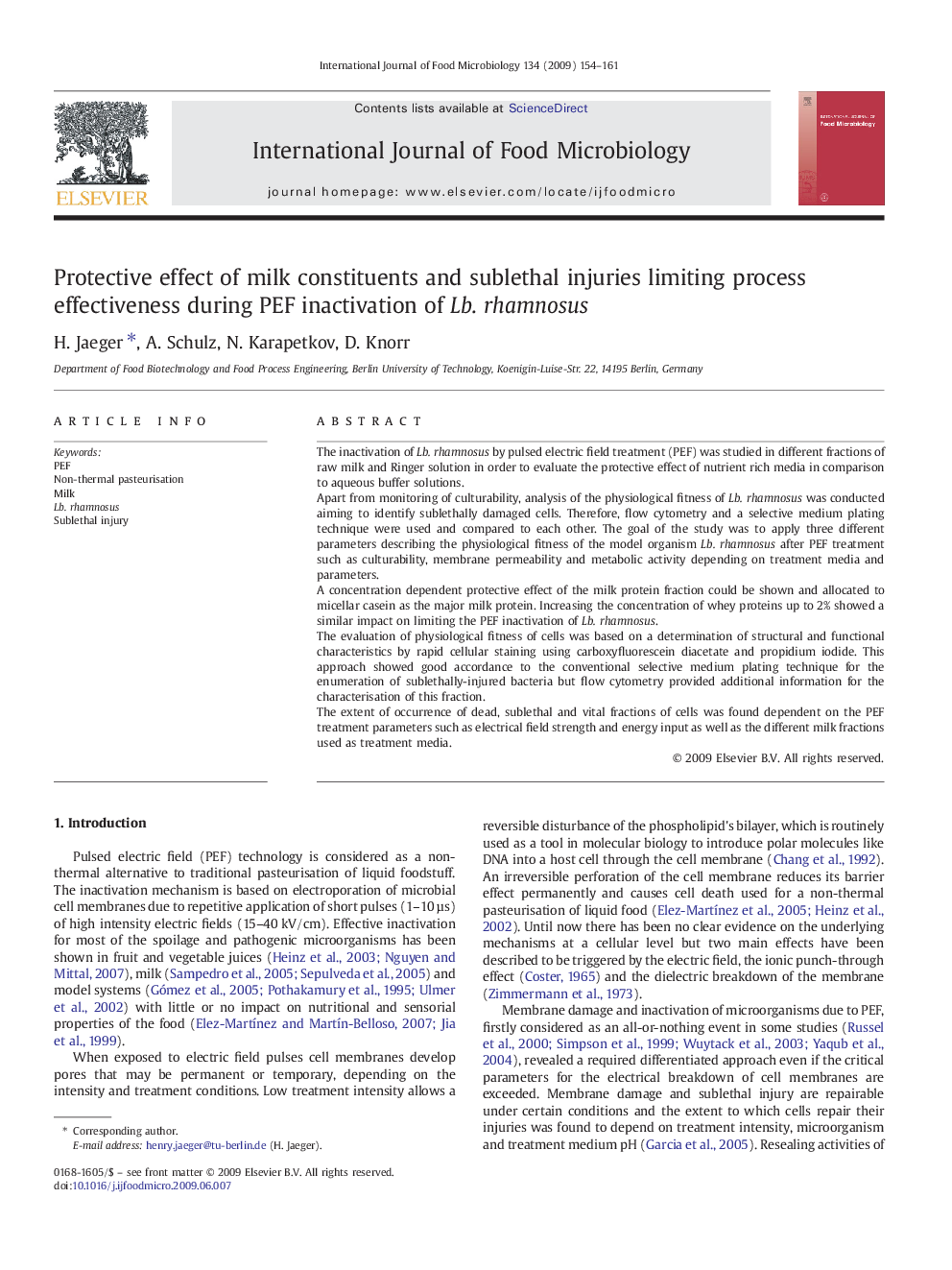 Protective effect of milk constituents and sublethal injuries limiting process effectiveness during PEF inactivation of Lb. rhamnosus