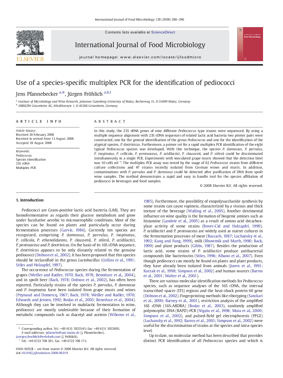 Use of a species-specific multiplex PCR for the identification of pediococci