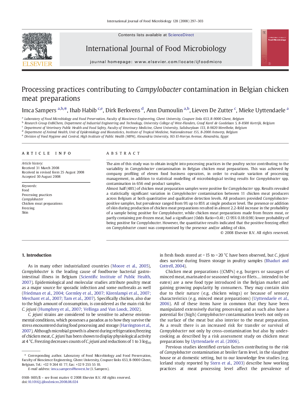 Processing practices contributing to Campylobacter contamination in Belgian chicken meat preparations