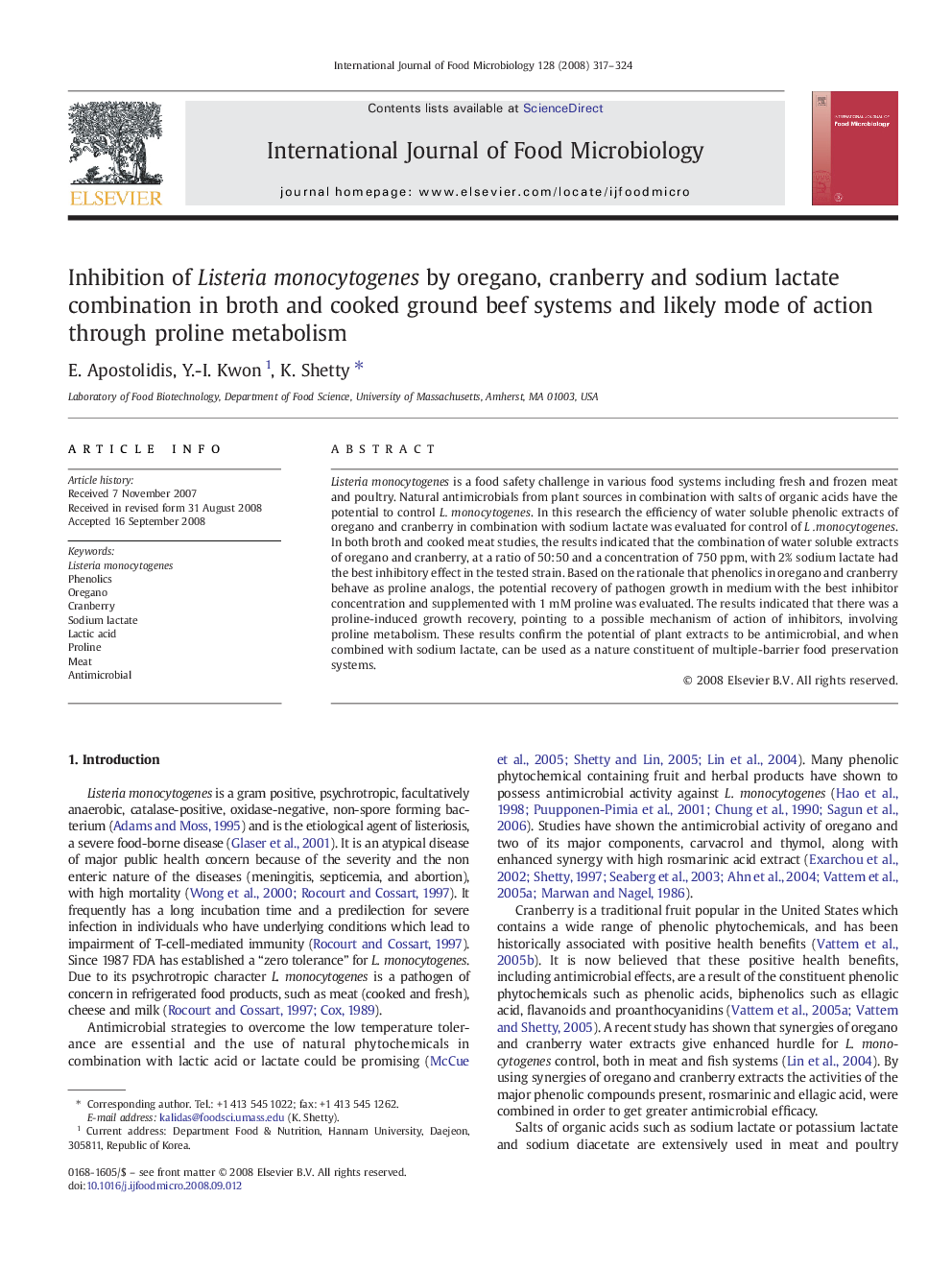 Inhibition of Listeria monocytogenes by oregano, cranberry and sodium lactate combination in broth and cooked ground beef systems and likely mode of action through proline metabolism