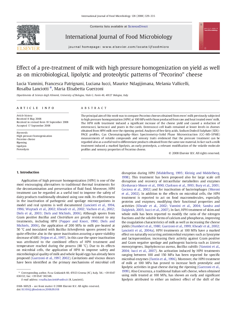 Effect of a pre-treatment of milk with high pressure homogenization on yield as well as on microbiological, lipolytic and proteolytic patterns of “Pecorino” cheese