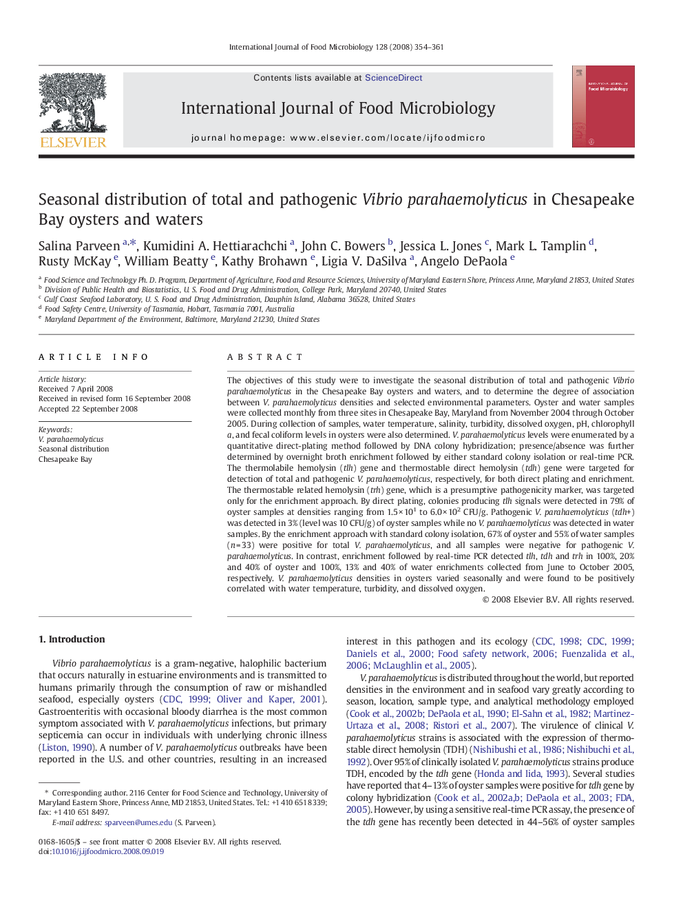 Seasonal distribution of total and pathogenic Vibrio parahaemolyticus in Chesapeake Bay oysters and waters