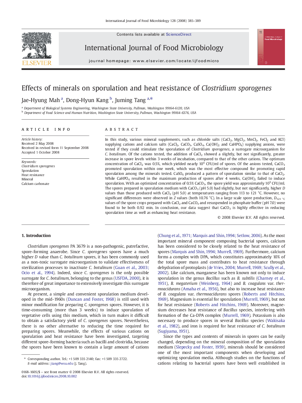 Effects of minerals on sporulation and heat resistance of Clostridium sporogenes