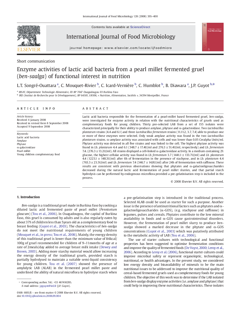 Enzyme activities of lactic acid bacteria from a pearl millet fermented gruel (ben-saalga) of functional interest in nutrition