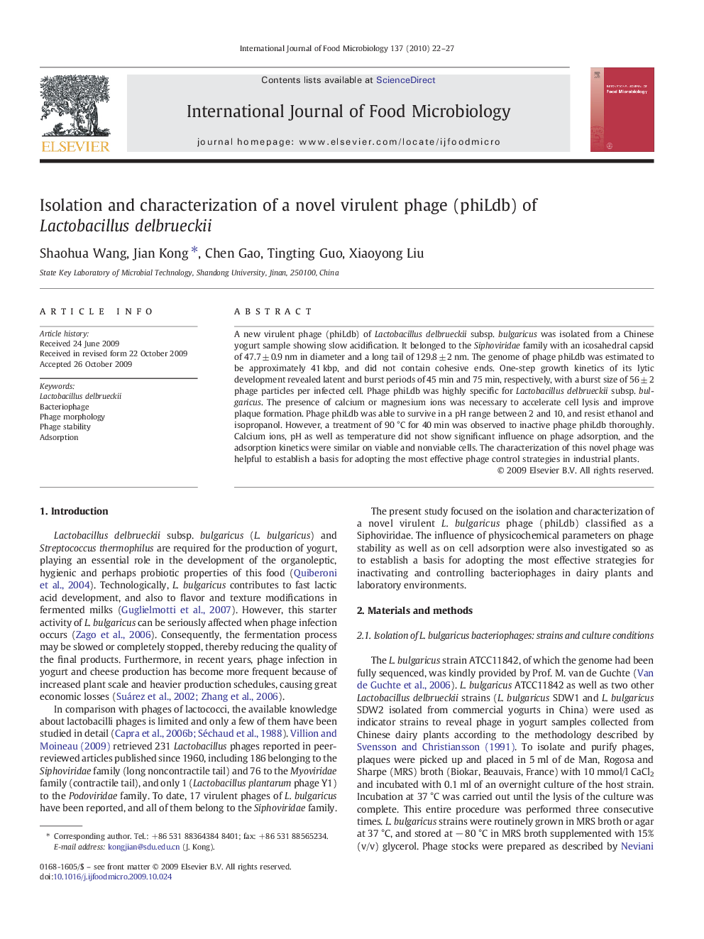 Isolation and characterization of a novel virulent phage (phiLdb) of Lactobacillus delbrueckii