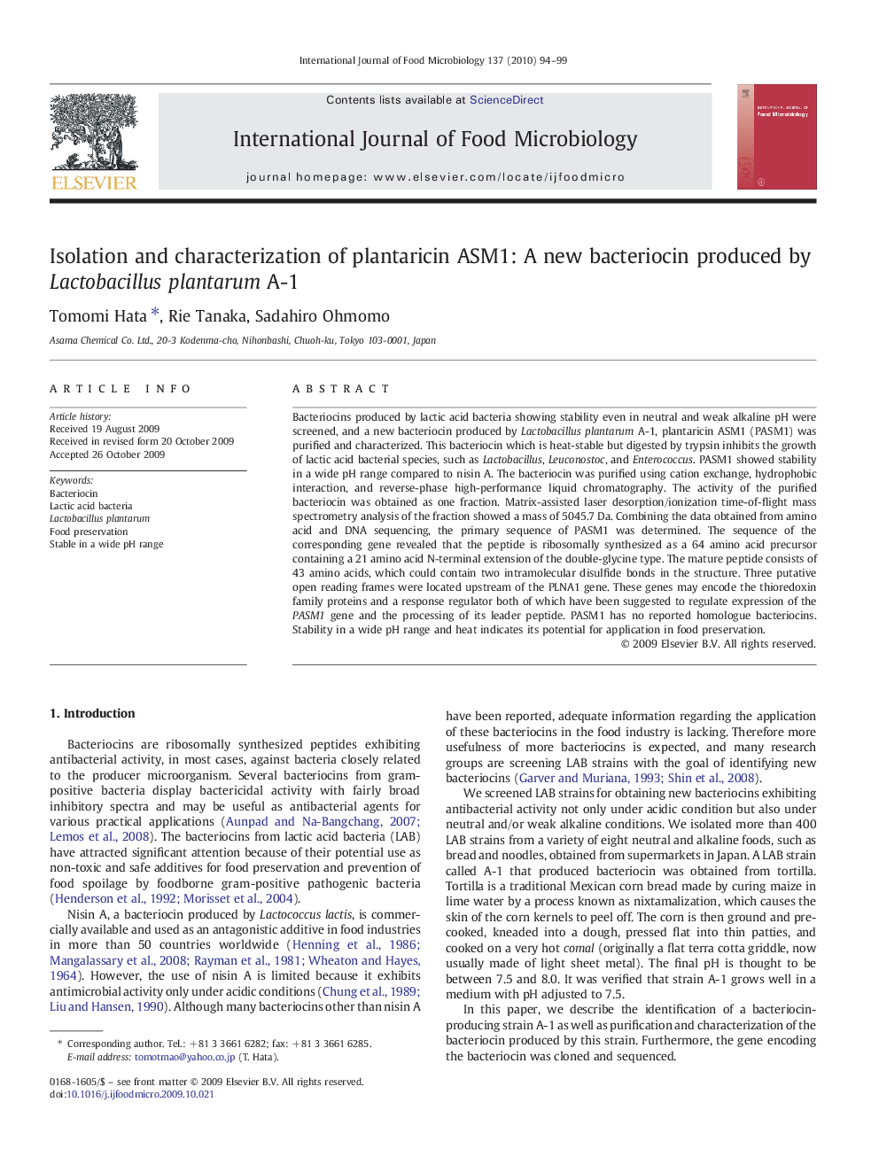 Isolation and characterization of plantaricin ASM1: A new bacteriocin produced by Lactobacillus plantarum A-1