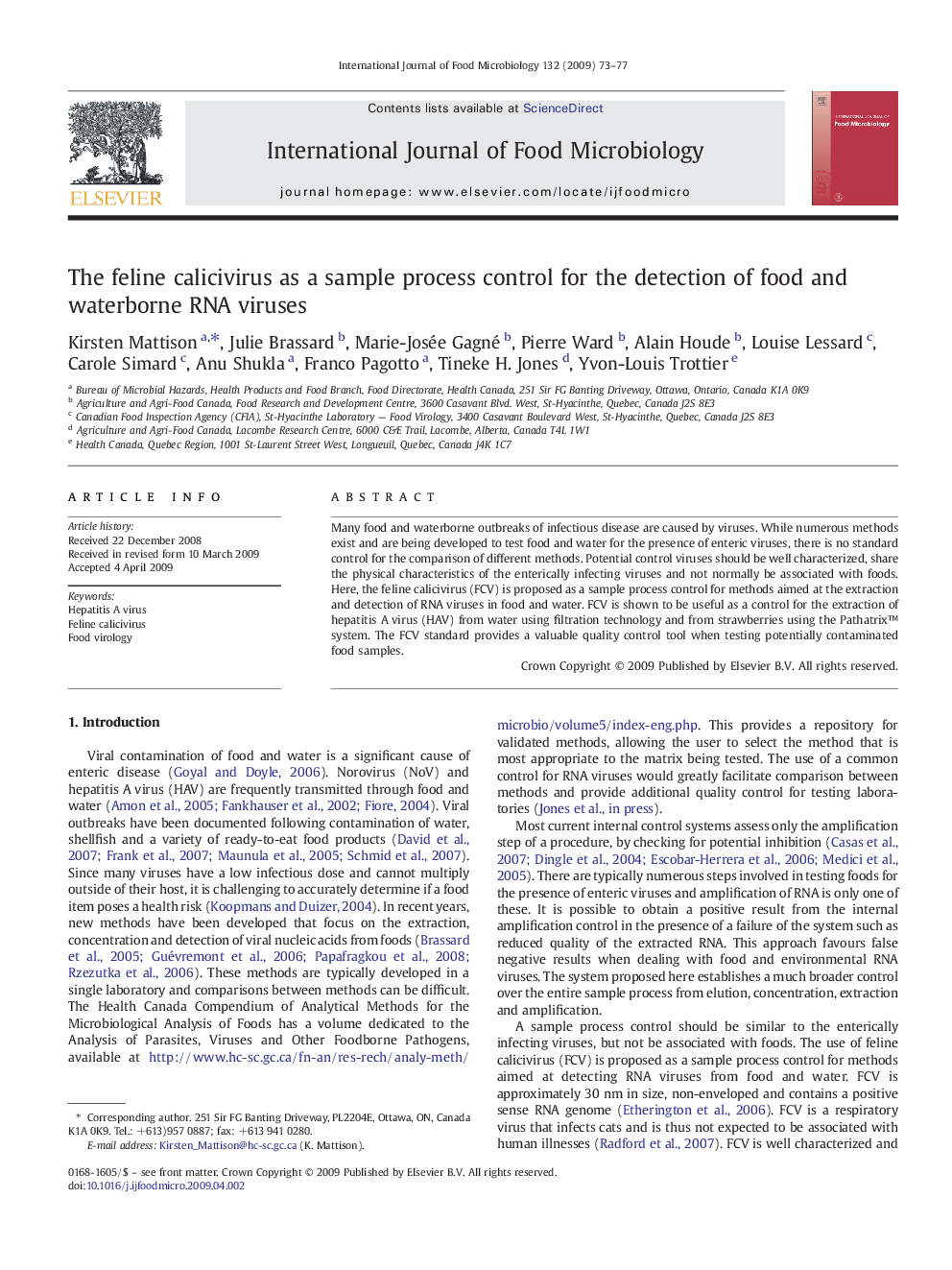 The feline calicivirus as a sample process control for the detection of food and waterborne RNA viruses