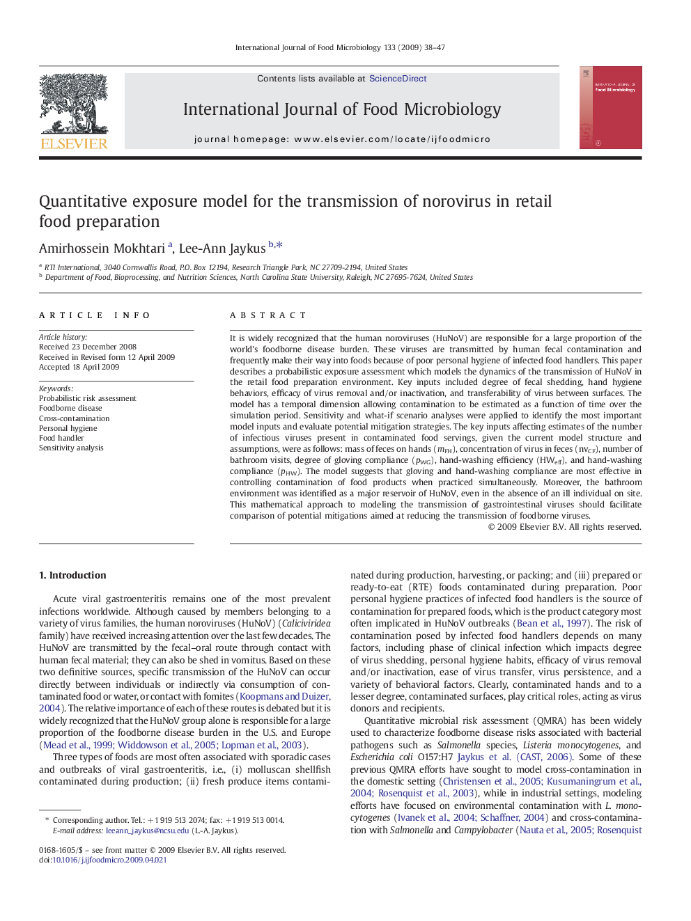 Quantitative exposure model for the transmission of norovirus in retail food preparation