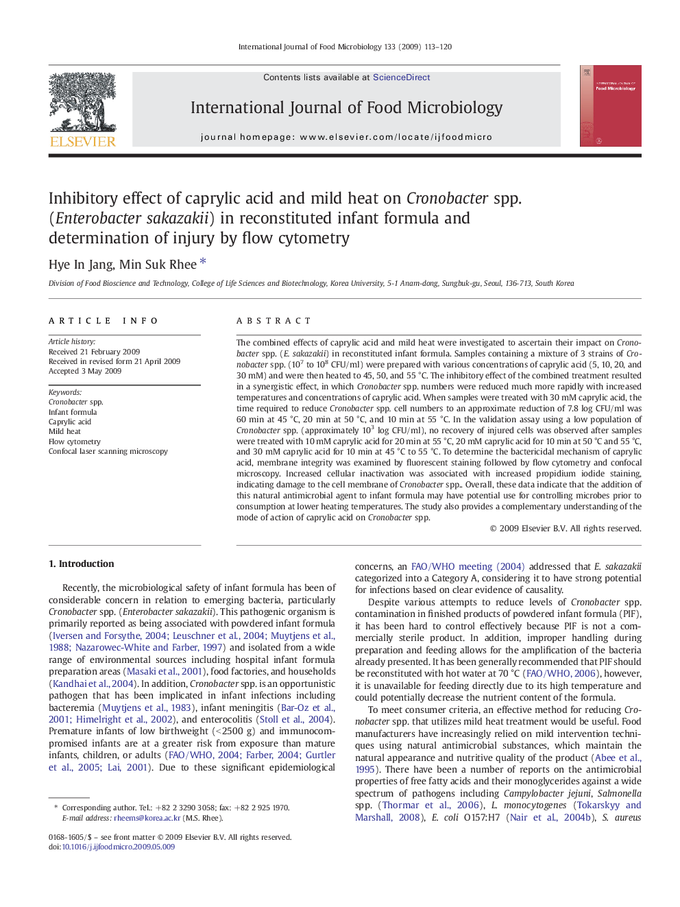 Inhibitory effect of caprylic acid and mild heat on Cronobacter spp. (Enterobacter sakazakii) in reconstituted infant formula and determination of injury by flow cytometry