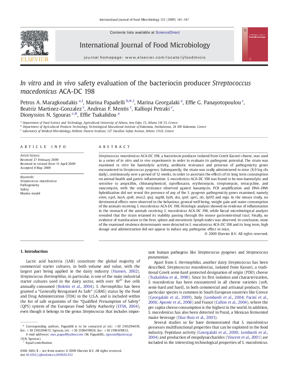 Invitro and invivo safety evaluation of the bacteriocin producer Streptococcusmacedonicus ACA-DC 198