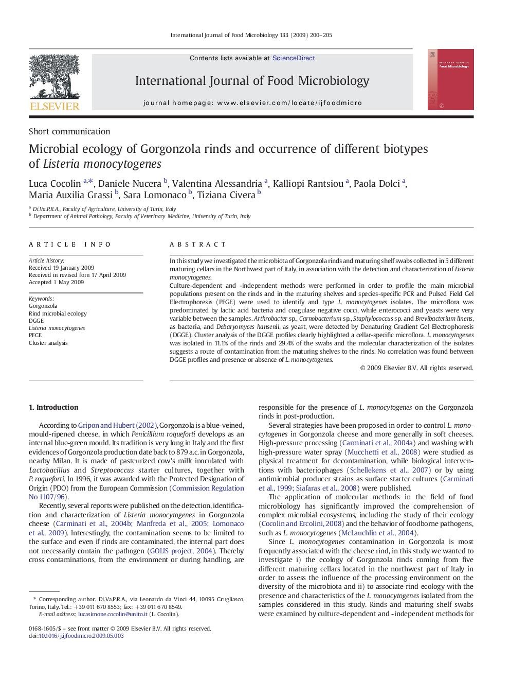 Microbial ecology of Gorgonzola rinds and occurrence of different biotypes of Listeria monocytogenes