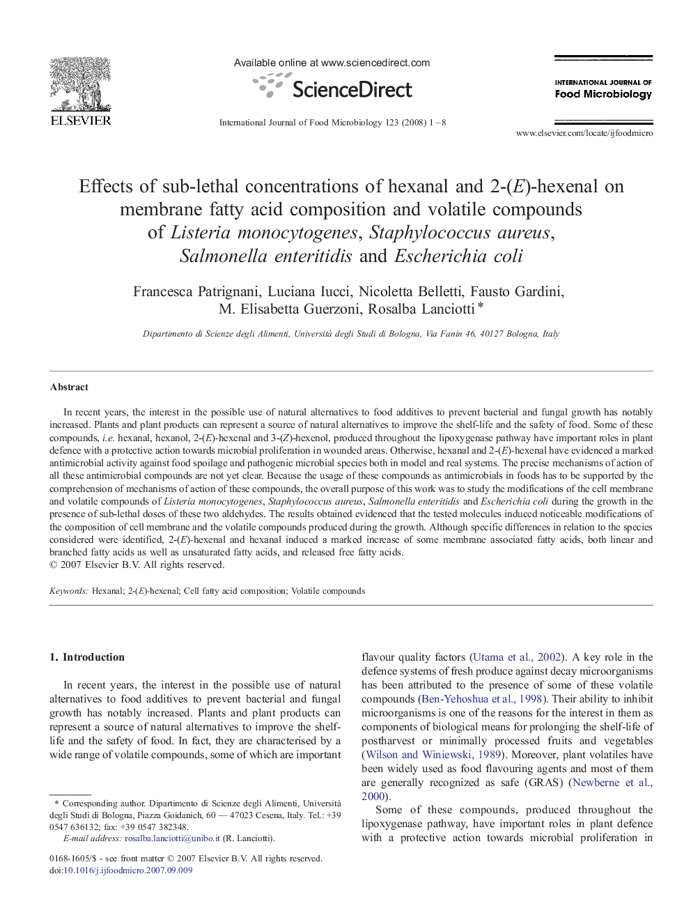 Effects of sub-lethal concentrations of hexanal and 2-(E)-hexenal on membrane fatty acid composition and volatile compounds of Listeria monocytogenes, Staphylococcus aureus, Salmonella enteritidis and Escherichia coli