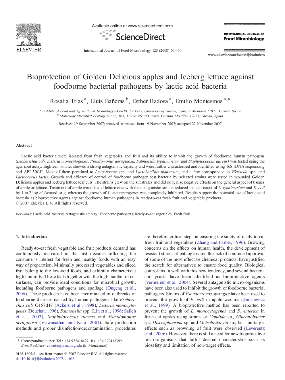 Bioprotection of Golden Delicious apples and Iceberg lettuce against foodborne bacterial pathogens by lactic acid bacteria