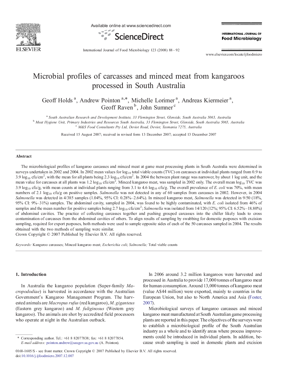 Microbial profiles of carcasses and minced meat from kangaroos processed in South Australia