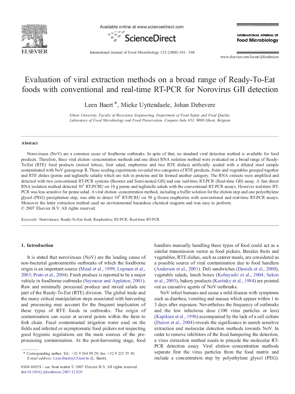 Evaluation of viral extraction methods on a broad range of Ready-To-Eat foods with conventional and real-time RT-PCR for Norovirus GII detection