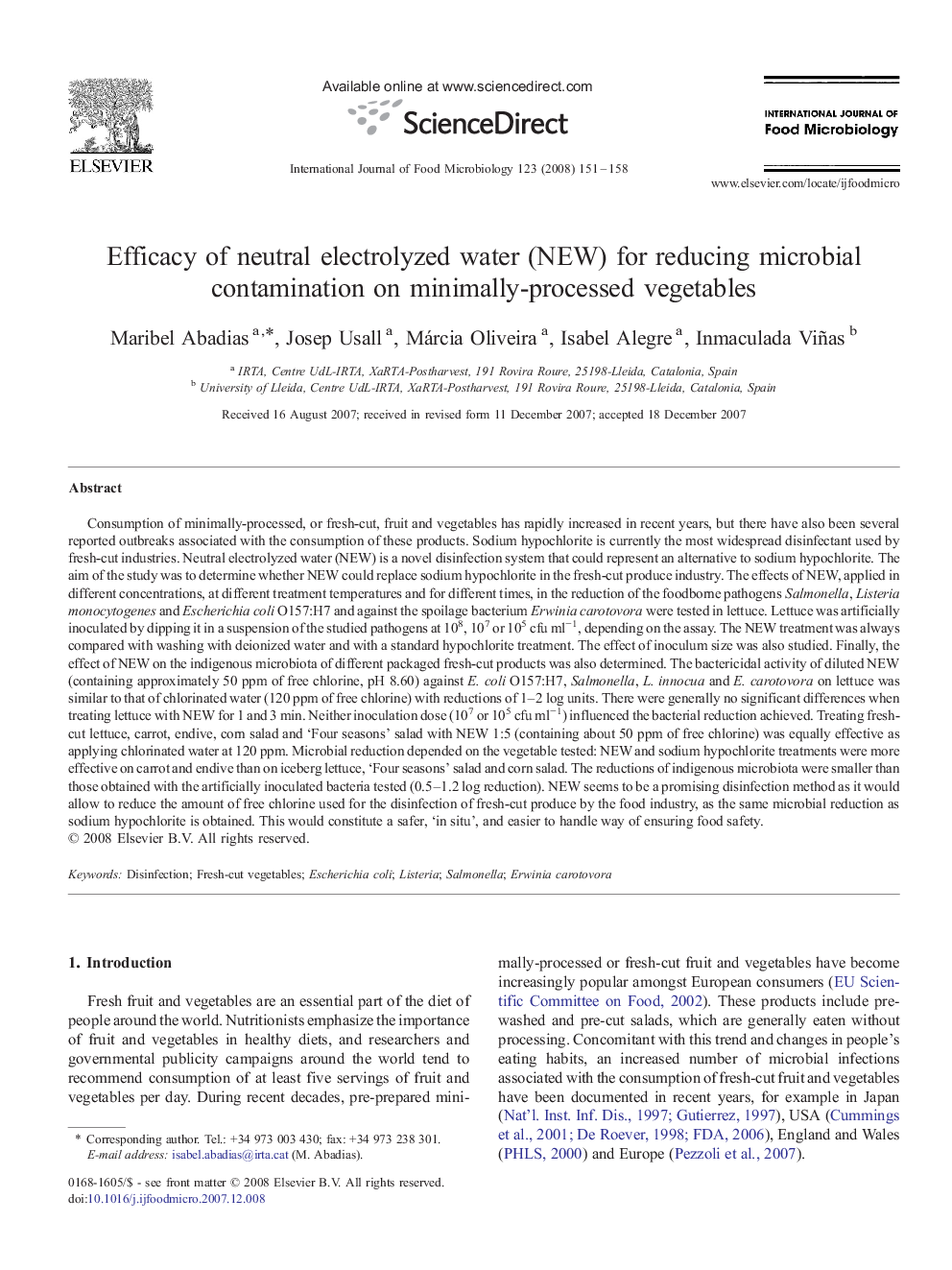 Efficacy of neutral electrolyzed water (NEW) for reducing microbial contamination on minimally-processed vegetables