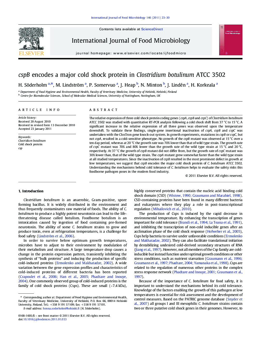 cspB encodes a major cold shock protein in Clostridium botulinum ATCC 3502