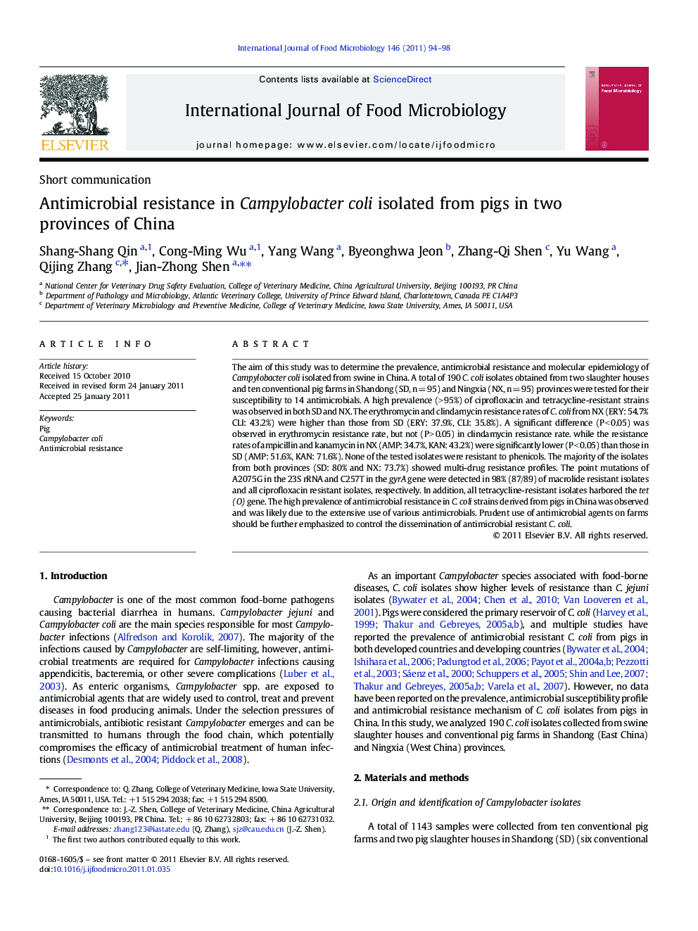 Antimicrobial resistance in Campylobacter coli isolated from pigs in two provinces of China