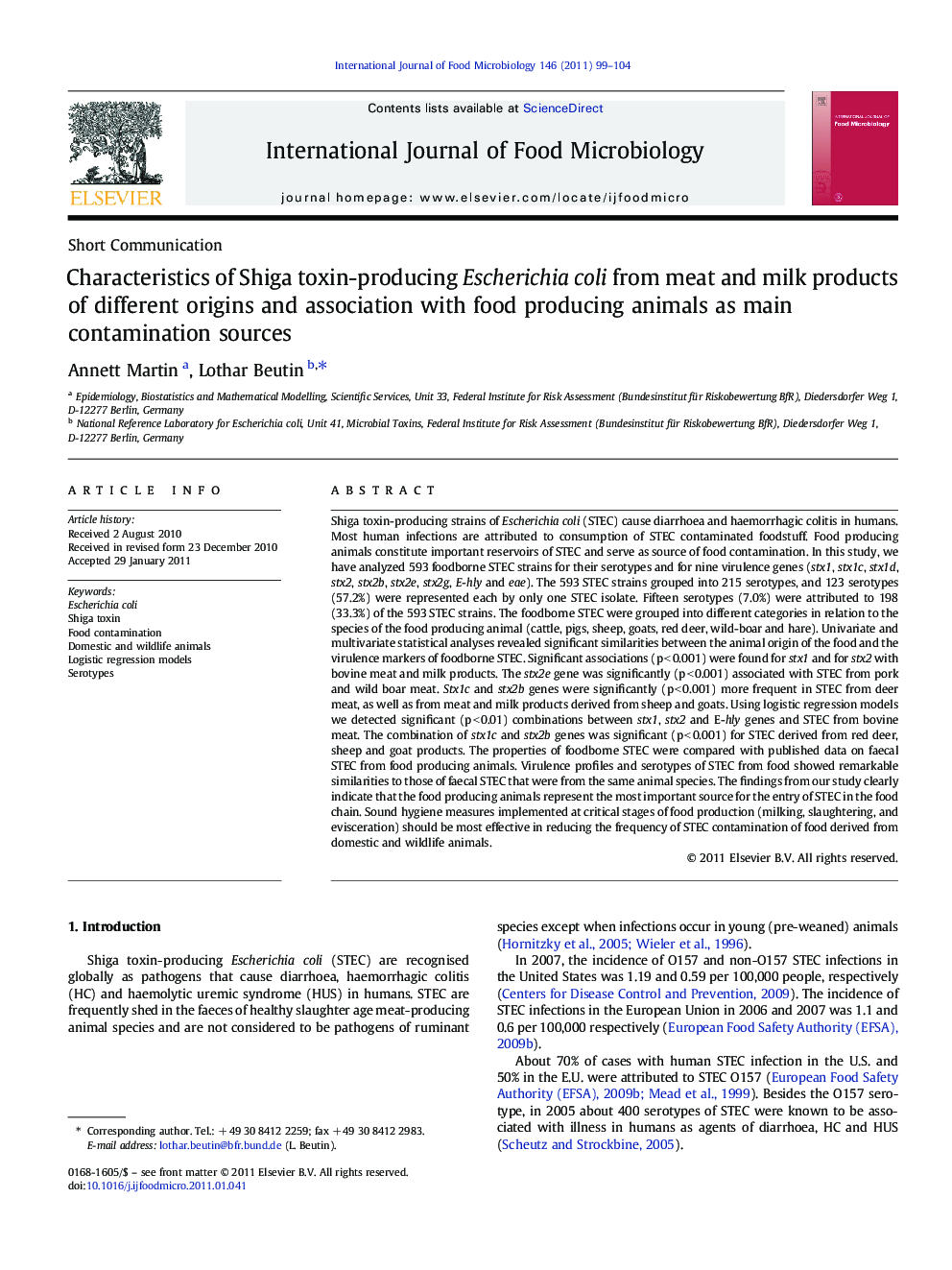 Characteristics of Shiga toxin-producing Escherichia coli from meat and milk products of different origins and association with food producing animals as main contamination sources