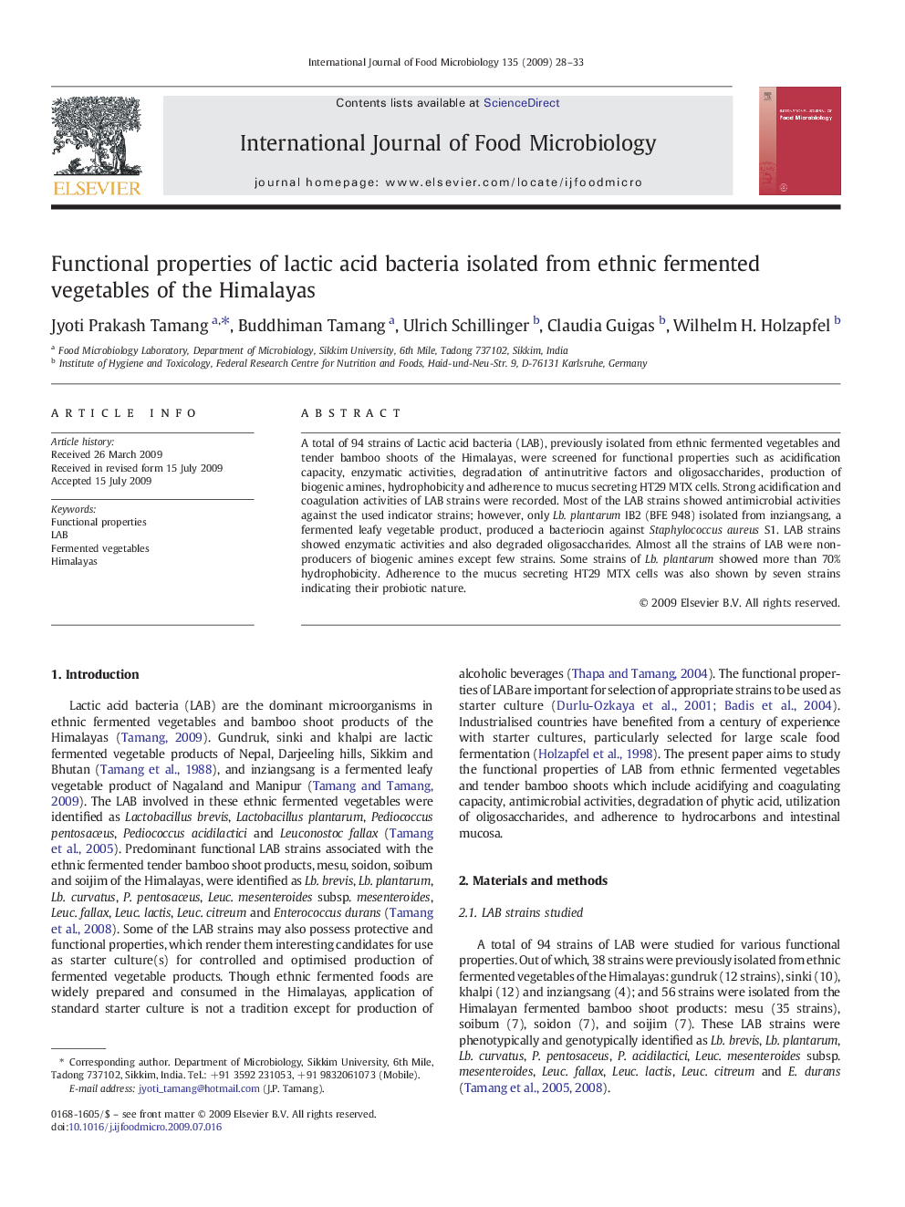 Functional properties of lactic acid bacteria isolated from ethnic fermented vegetables of the Himalayas