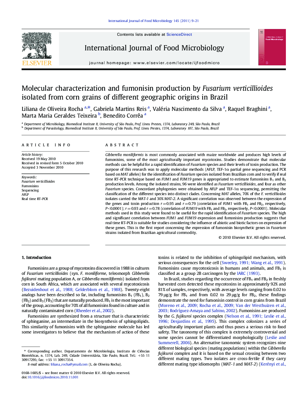 Molecular characterization and fumonisin production by Fusarium verticillioides isolated from corn grains of different geographic origins in Brazil