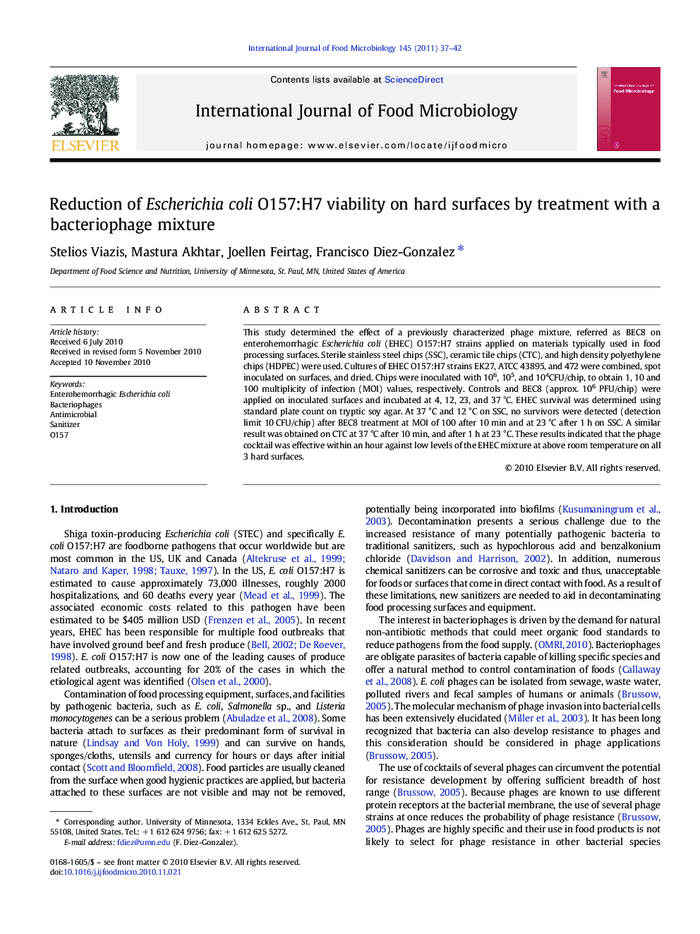 Reduction of Escherichia coli O157:H7 viability on hard surfaces by treatment with a bacteriophage mixture