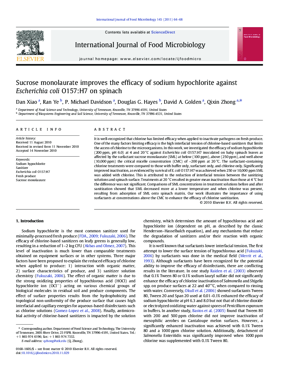 Sucrose monolaurate improves the efficacy of sodium hypochlorite against Escherichia coli O157:H7 on spinach