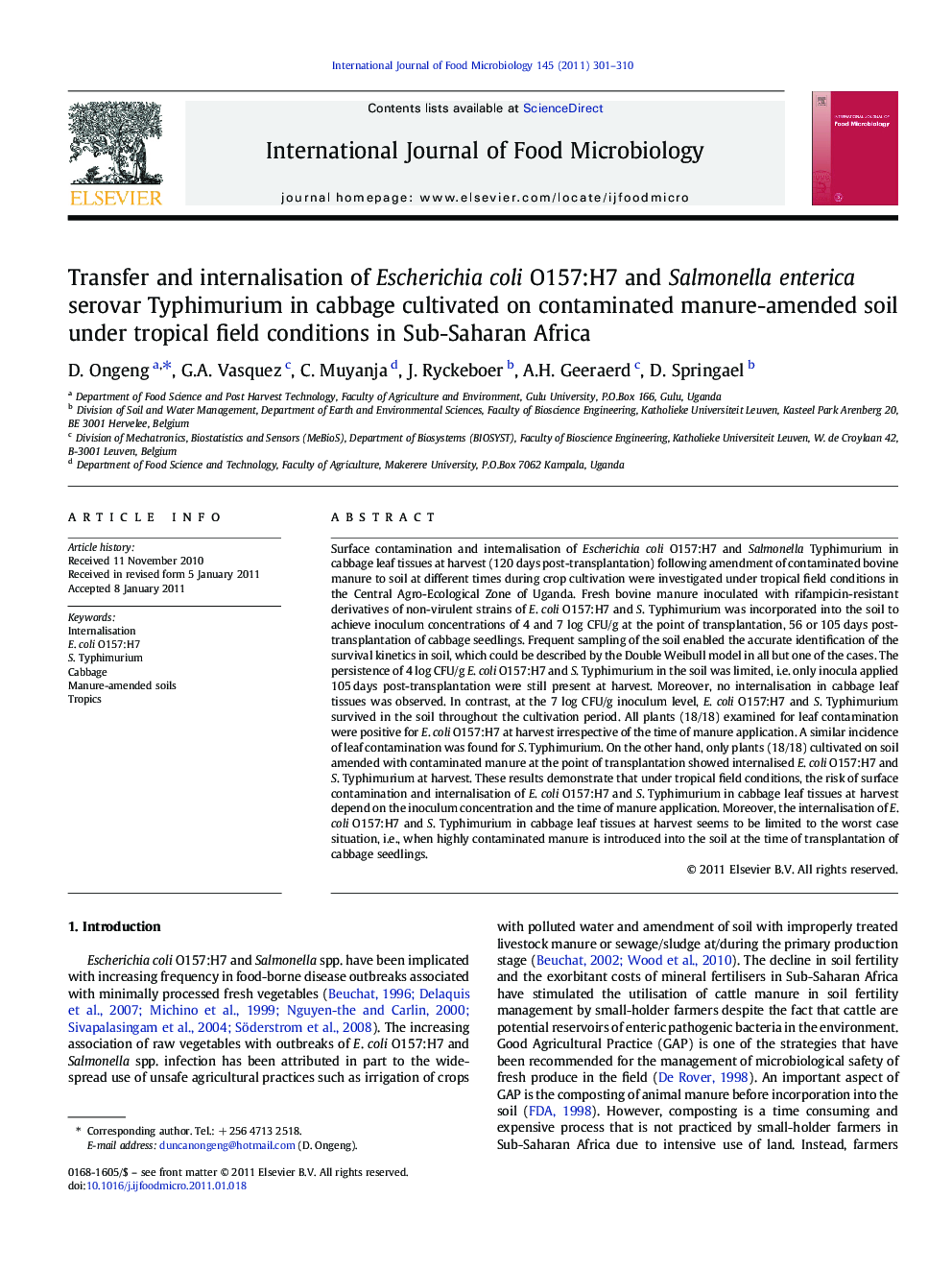 Transfer and internalisation of Escherichia coli O157:H7 and Salmonella enterica serovar Typhimurium in cabbage cultivated on contaminated manure-amended soil under tropical field conditions in Sub-Saharan Africa