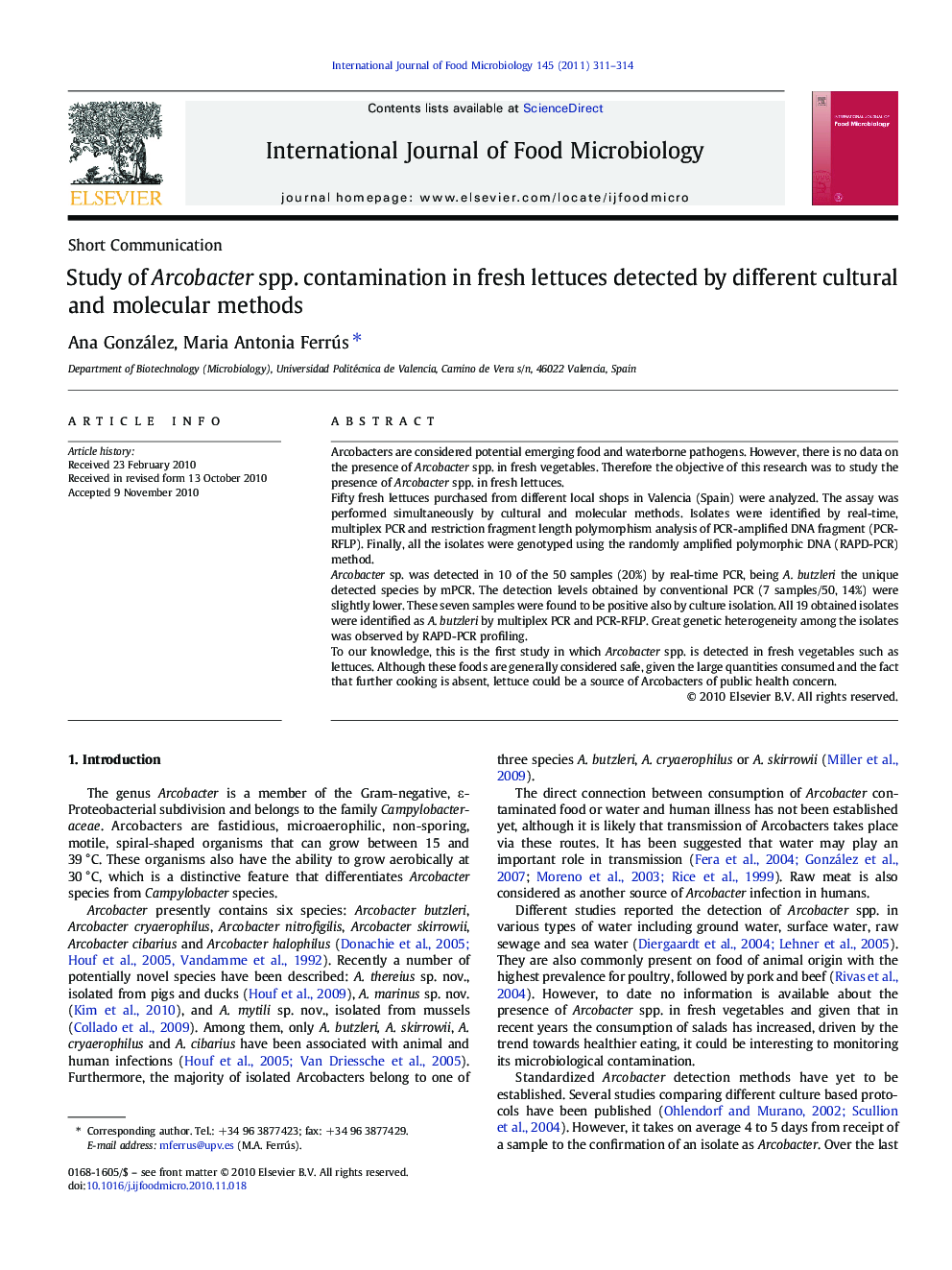 Study of Arcobacter spp. contamination in fresh lettuces detected by different cultural and molecular methods