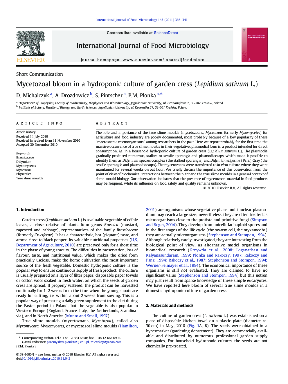 Mycetozoal bloom in a hydroponic culture of garden cress (Lepidium sativum L.)