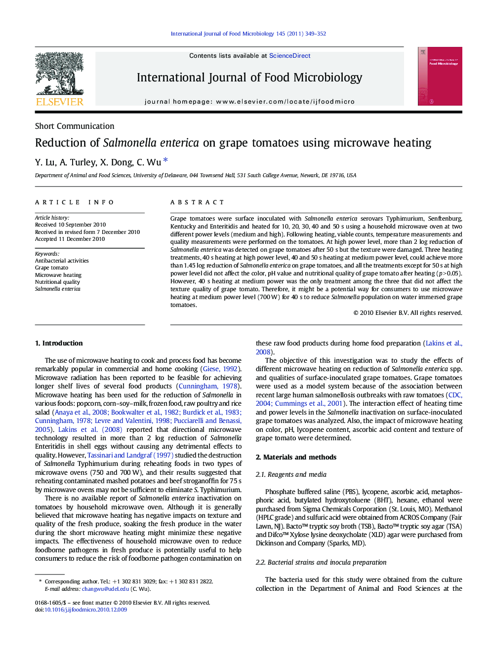 Reduction of Salmonella enterica on grape tomatoes using microwave heating